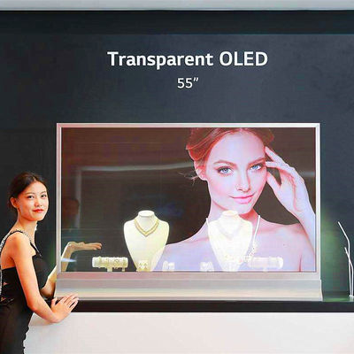 Cina Toko Kecantikan Layar Sentuh OLED Transparan / 55 &quot;Menampilkan Iklan Android pemasok